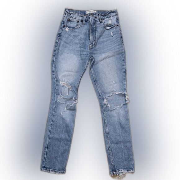 Abercrombie & Fitch Blue Straight Leg Jeans with Distressed Details - Picture 1 of 4